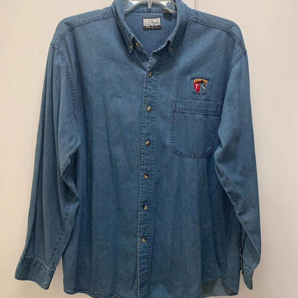 Vintage Boston‎ Big Game Fishing Club Denim Caliber Mens Sz Xl Button Up Shirt